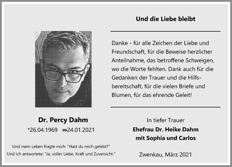  Traueranzeige für Percy Dahm vom 27.03.2021 aus Leipziger Volkszeitung