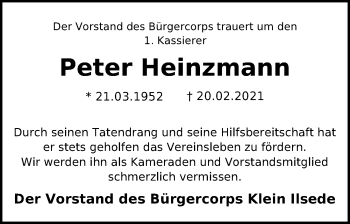 Traueranzeige von Peter Heinzmann von Peiner Allgemeine Zeitung