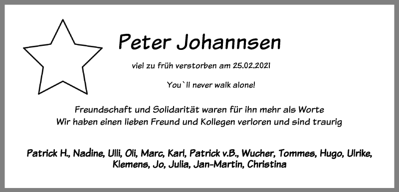  Traueranzeige für Peter Johannsen vom 06.03.2021 aus Göttinger Tageblatt