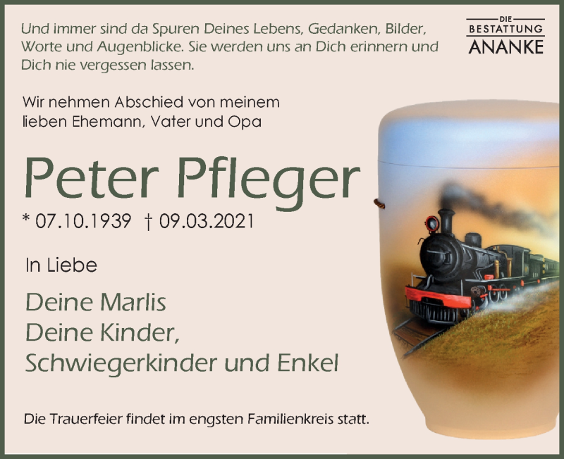  Traueranzeige für Peter Pfleger vom 27.03.2021 aus Leipziger Volkszeitung