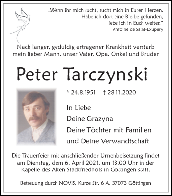 Traueranzeige von Peter Tarczynski von Göttinger Tageblatt