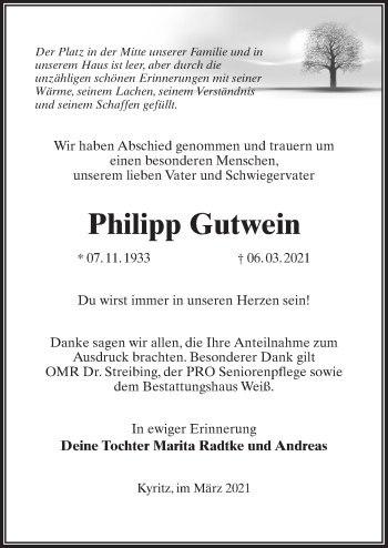 Traueranzeige von Philipp Gutwein von Märkischen Allgemeine Zeitung