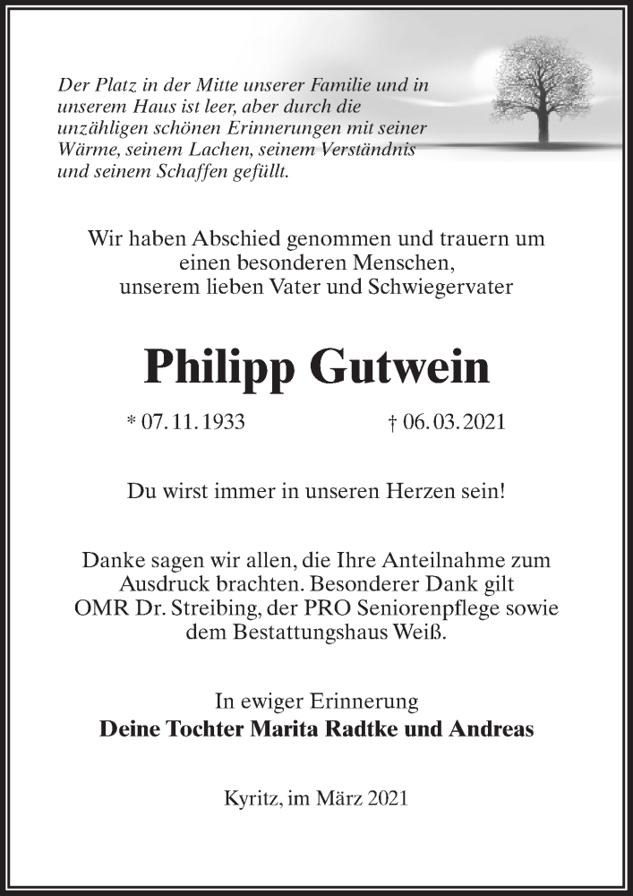  Traueranzeige für Philipp Gutwein vom 17.03.2021 aus Märkischen Allgemeine Zeitung