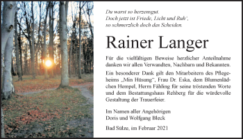 Traueranzeige von Rainer Langer von Ostsee-Zeitung GmbH