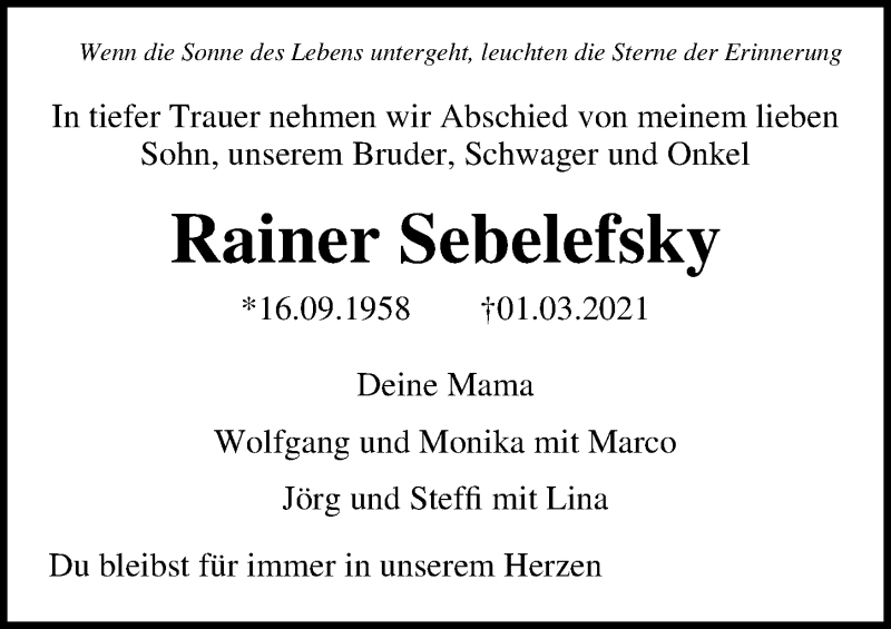  Traueranzeige für Rainer Sebelefsky vom 07.03.2021 aus Lübecker Nachrichten