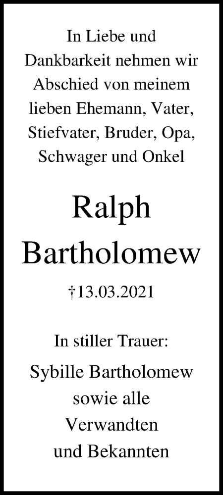  Traueranzeige für Ralph Bartholomew vom 28.03.2021 aus Lübecker Nachrichten