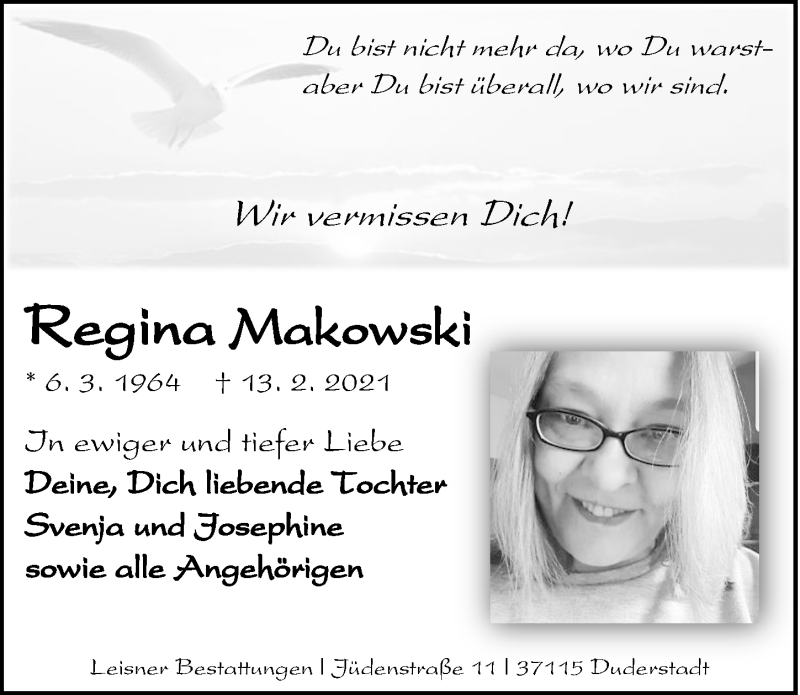  Traueranzeige für Regina Makowski vom 20.03.2021 aus Eichsfelder Tageblatt