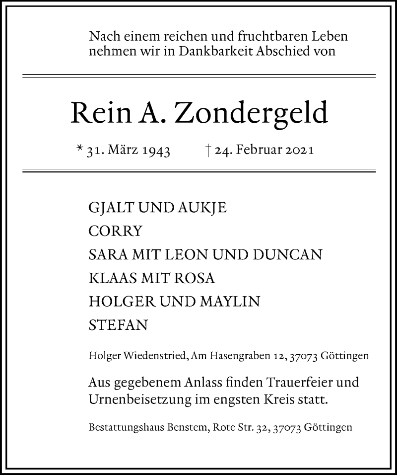  Traueranzeige für Rein A. Zondergeld vom 06.03.2021 aus Göttinger Tageblatt