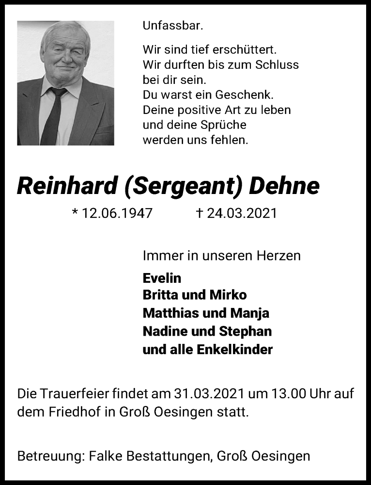  Traueranzeige für Reinhard Dehne vom 29.03.2021 aus Aller Zeitung
