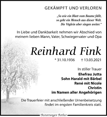 Traueranzeige von Reinhard Fink von Leipziger Volkszeitung