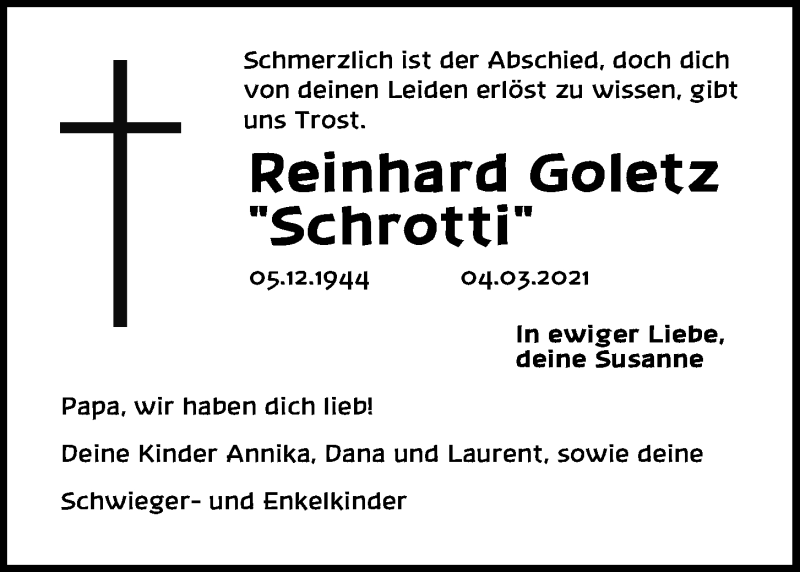  Traueranzeige für Reinhard Goletz vom 09.03.2021 aus Kieler Nachrichten
