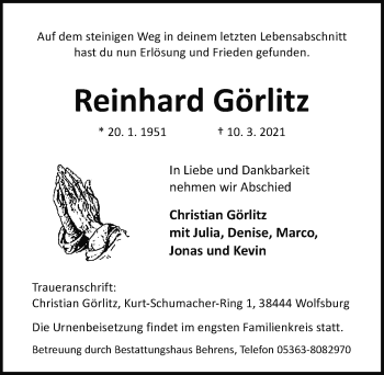 Traueranzeige von Reinhard Görlitz von Aller Zeitung