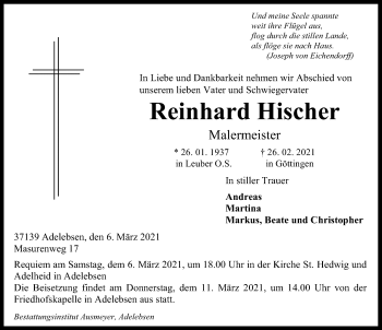 Traueranzeige von Reinhard Hischer von Göttinger Tageblatt