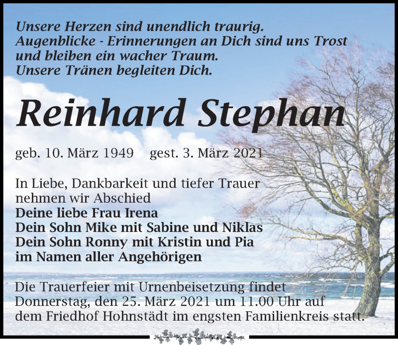  Traueranzeige für Reinhard Stephan vom 13.03.2021 aus Leipziger Volkszeitung
