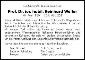Traueranzeige von Reinhard Welter von Leipziger Volkszeitung