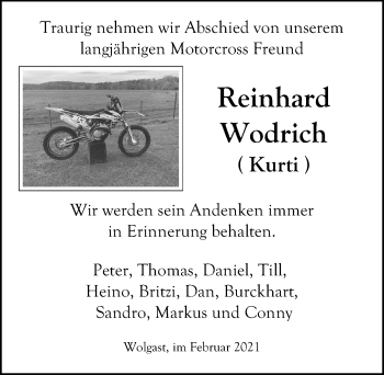 Traueranzeige von Reinhard Wodrich von Ostsee-Zeitung GmbH