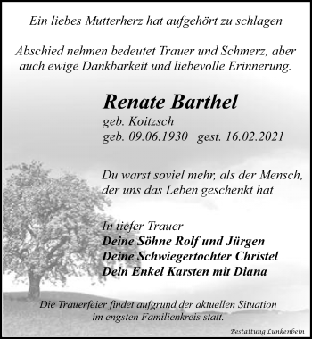 Traueranzeige von Renate Barthel von Leipziger Volkszeitung
