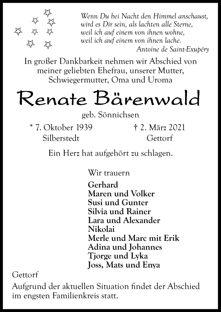  Traueranzeige für Renate Bärenwald vom 06.03.2021 aus Kieler Nachrichten