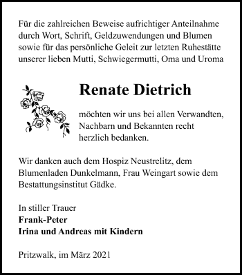 Traueranzeige von Renate Dietrich von Märkischen Allgemeine Zeitung