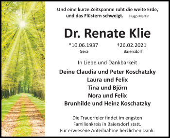 Traueranzeige von Renate Klie von Leipziger Volkszeitung