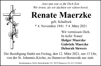 Traueranzeige von Renate Maerzke von Hannoversche Allgemeine Zeitung/Neue Presse