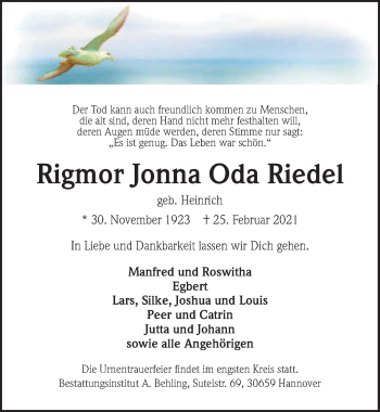 Traueranzeige von Rigmor Jonna Oda Riedel von Hannoversche Allgemeine Zeitung/Neue Presse