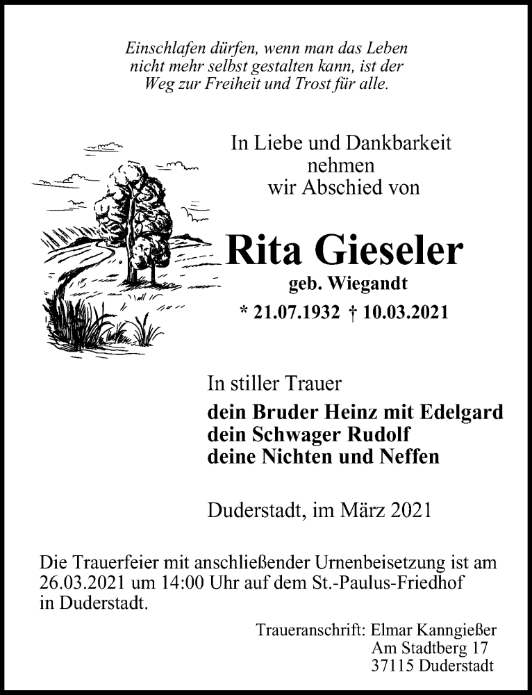  Traueranzeige für Rita Gieseler vom 20.03.2021 aus Eichsfelder Tageblatt