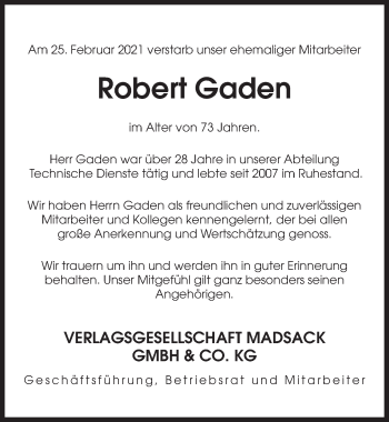 Traueranzeige von Robert Gaden von Hannoversche Allgemeine Zeitung/Neue Presse
