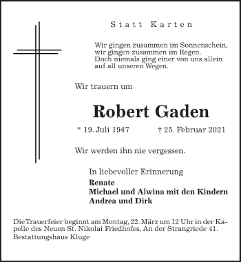 Traueranzeige von Robert Gaden von Hannoversche Allgemeine Zeitung/Neue Presse