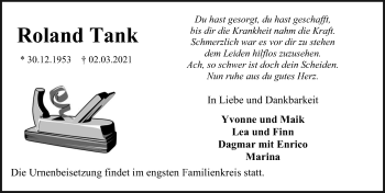 Traueranzeige von Roland Tank von Ostsee-Zeitung GmbH