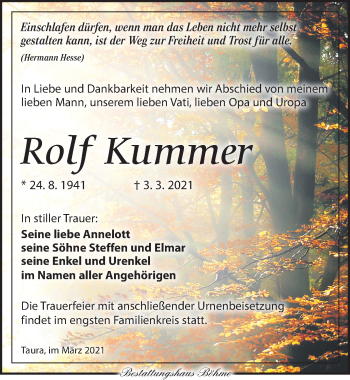 Traueranzeige von Rolf Kummer von Torgauer Zeitung