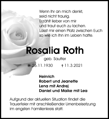 Traueranzeige von Rosalia Roth von Aller Zeitung