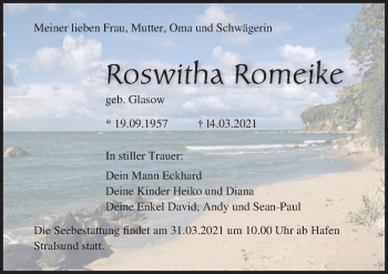 Traueranzeige von Roswitha Romeike von Ostsee-Zeitung GmbH