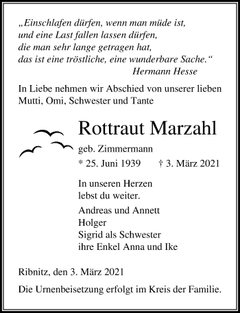 Traueranzeige von Rottraut Marzahl von Ostsee-Zeitung GmbH