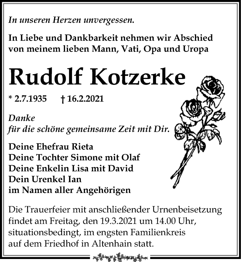  Traueranzeige für Rudolf Kotzerke vom 06.03.2021 aus Leipziger Volkszeitung