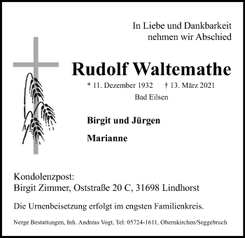 Traueranzeige von Rudolf Waltemathe von Schaumburger Nachrichten