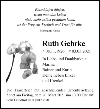 Traueranzeige von Ruth Gehrke von Märkischen Allgemeine Zeitung