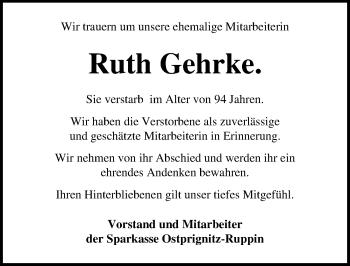Traueranzeige von Ruth Gehrke von Märkischen Allgemeine Zeitung