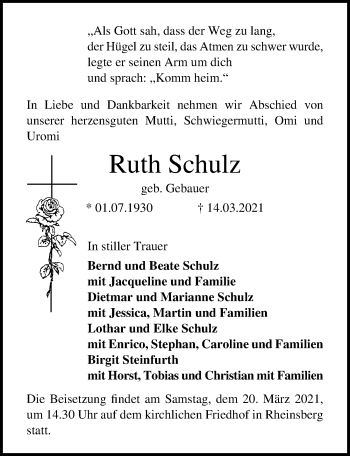 Traueranzeige von Ruth Schulz von Märkischen Allgemeine Zeitung