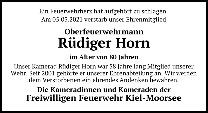  Traueranzeige für Rüdiger Horn vom 13.03.2021 aus Kieler Nachrichten