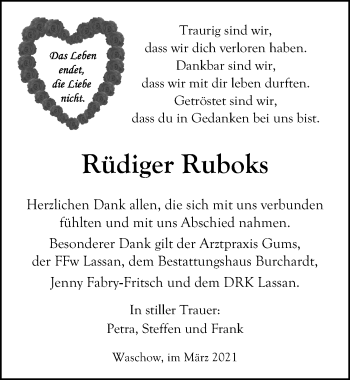 Traueranzeige von Rüdiger Ruboks von Ostsee-Zeitung GmbH