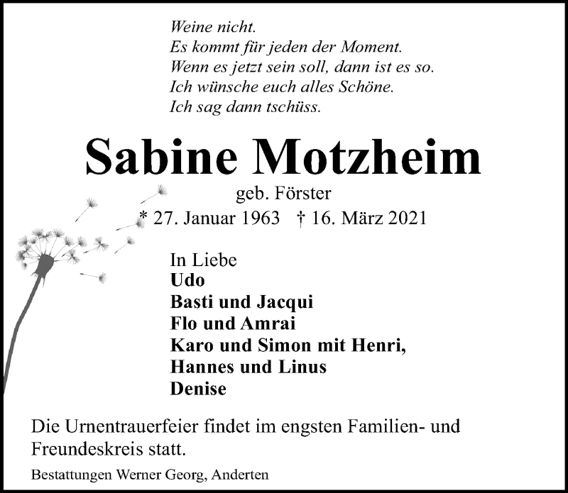 Traueranzeige für Sabine Motzheim vom 24.03.2021 aus Hannoversche Allgemeine Zeitung/Neue Presse