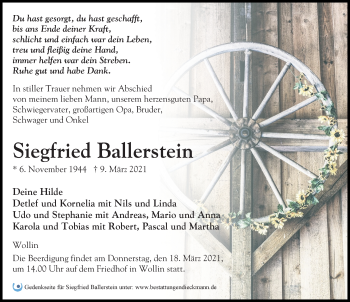 Traueranzeige von Siegfried Ballerstein von Märkischen Allgemeine Zeitung