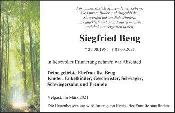 Traueranzeige von Siegfried Beug von Ostsee-Zeitung GmbH
