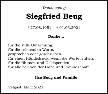 Traueranzeige von Siegfried Beug von Ostsee-Zeitung GmbH