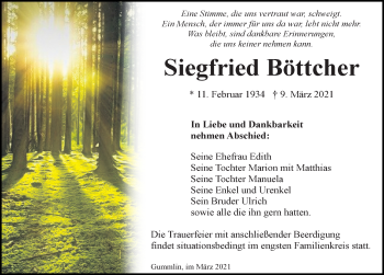 Traueranzeige von Siegfried Böttcher von Ostsee-Zeitung GmbH