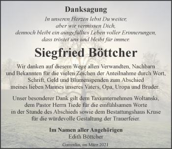 Traueranzeige von Siegfried Böttcher von Ostsee-Zeitung GmbH