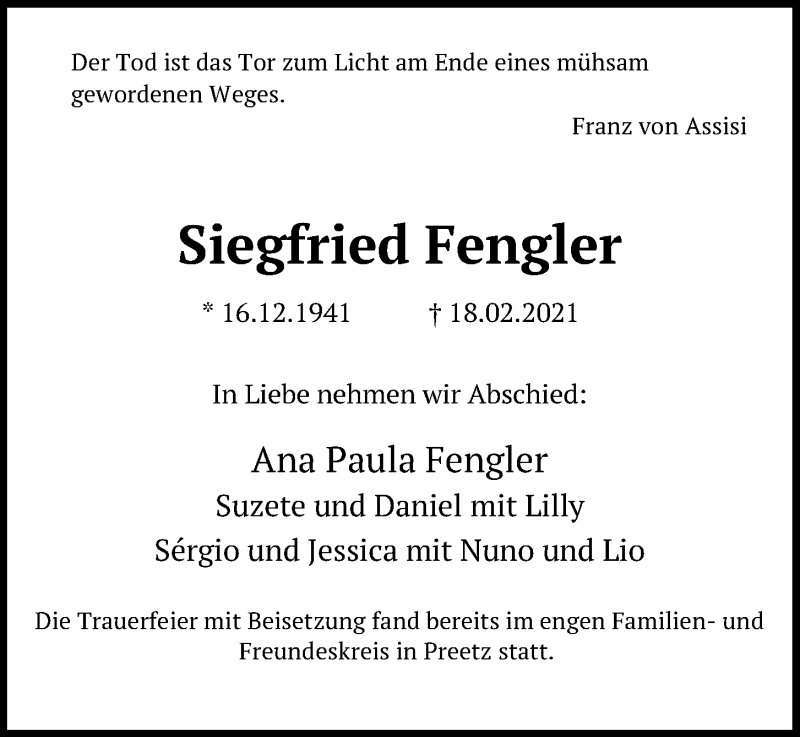  Traueranzeige für Siegfried Fengler vom 20.03.2021 aus Kieler Nachrichten