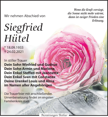 Traueranzeige von Siegfried Hütel von Leipziger Volkszeitung