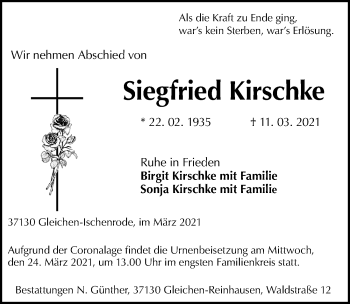 Traueranzeige von Siegfried Kirschke von Göttinger Tageblatt